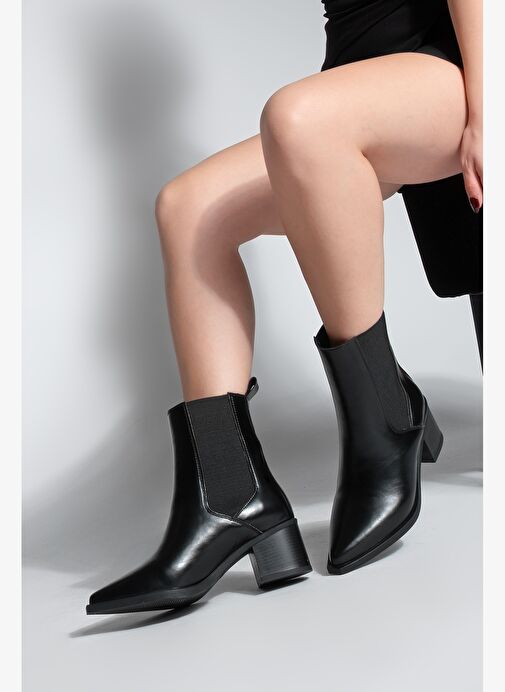 Kadın Sivri Burun Kalın Topuklu Çift Lastikli Topuklu Bot Ropes Siyah - Görsel 5