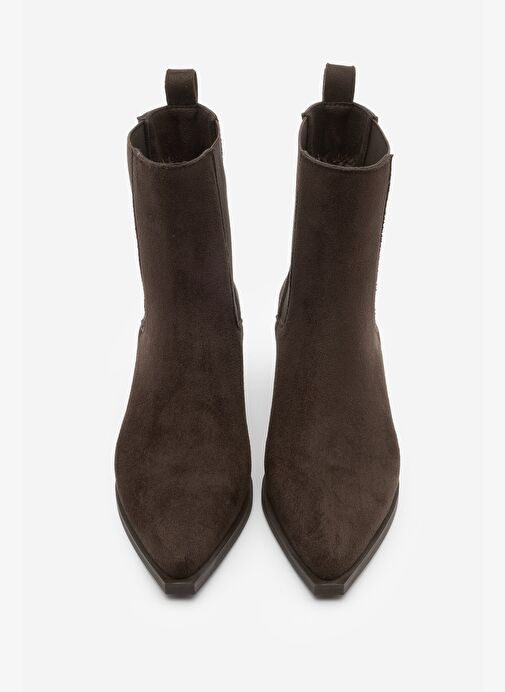 Kadın Sivri Burun Kalın Topuklu Çift Lastikli Topuklu Bot Ropes Kahve Süet - Görsel 7