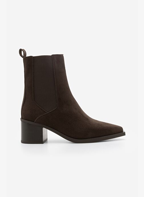 Kadın Sivri Burun Kalın Topuklu Çift Lastikli Topuklu Bot Ropes Kahve Süet - Görsel 4