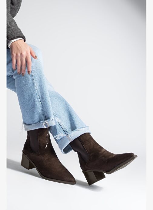 Kadın Sivri Burun Kalın Topuklu Çift Lastikli Topuklu Bot Ropes Kahve Süet - Görsel 3