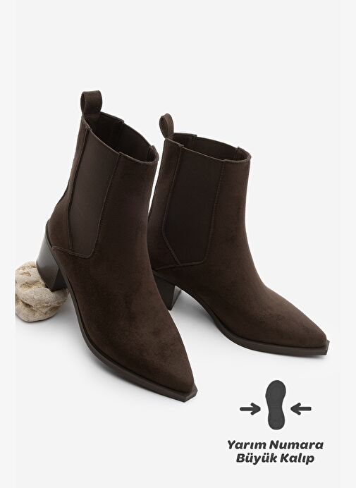 Kadın Sivri Burun Kalın Topuklu Çift Lastikli Topuklu Bot Ropes Kahve Süet - Görsel 2