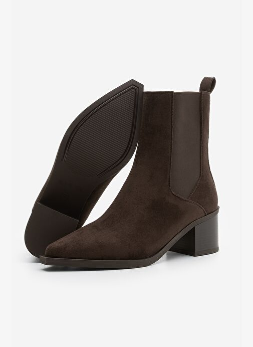 Kadın Sivri Burun Kalın Topuklu Çift Lastikli Topuklu Bot Ropes Kahve Süet - Görsel 8