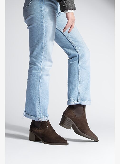 Kadın Sivri Burun Kalın Topuklu Çift Lastikli Topuklu Bot Ropes Kahve Süet - Görsel 5