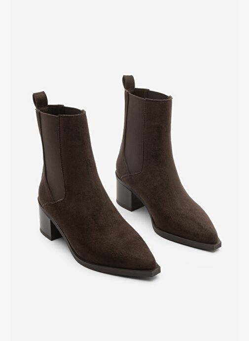 Kadın Sivri Burun Kalın Topuklu Çift Lastikli Topuklu Bot Ropes Kahve Süet - Görsel 6