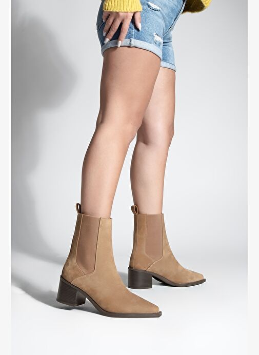 Kadın Sivri Burun Kalın Topuklu Çift Lastikli Topuklu Bot Ropes Taba Süet - Görsel 5