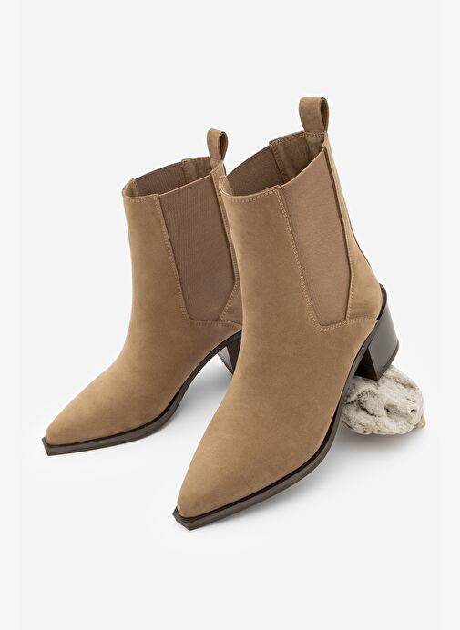 Kadın Sivri Burun Kalın Topuklu Çift Lastikli Topuklu Bot Ropes Taba Süet - Görsel 2