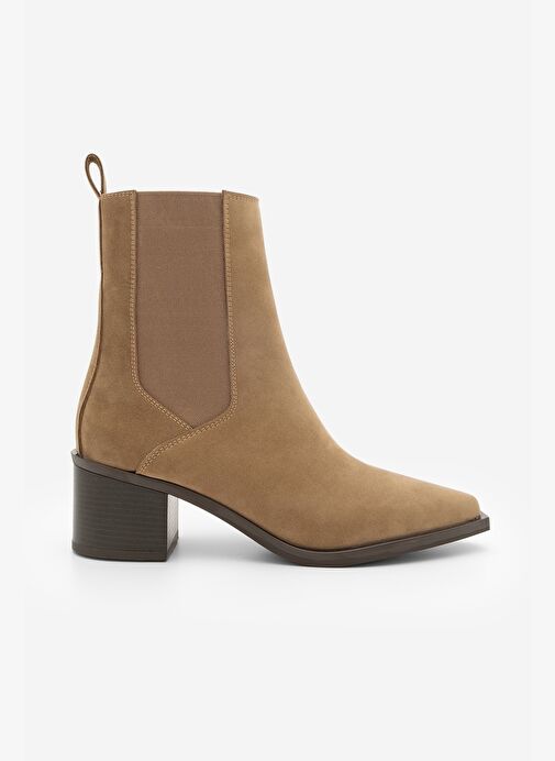 Kadın Sivri Burun Kalın Topuklu Çift Lastikli Topuklu Bot Ropes Taba Süet - Görsel 4