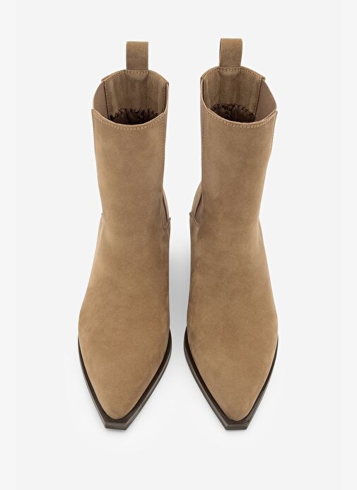 Kadın Sivri Burun Kalın Topuklu Çift Lastikli Topuklu Bot Ropes Taba Süet - Görsel 8