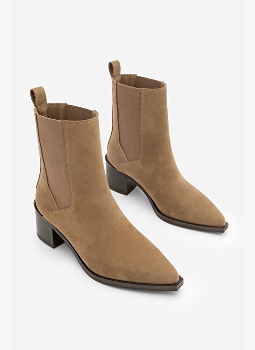 Kadın Sivri Burun Kalın Topuklu Çift Lastikli Topuklu Bot Ropes Taba Süet - Görsel 6