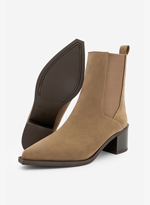 Kadın Sivri Burun Kalın Topuklu Çift Lastikli Topuklu Bot Ropes Taba Süet - Görsel 9