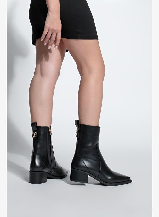 Kadın Sivri Burun Altın Detaylı Topuklu Bot Kenor Siyah - Görsel 3