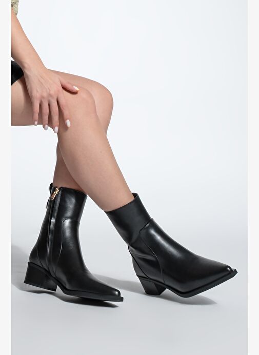 Kadın Sivri Burun Altın Detaylı Topuklu Bot Kenor Siyah - Görsel 5