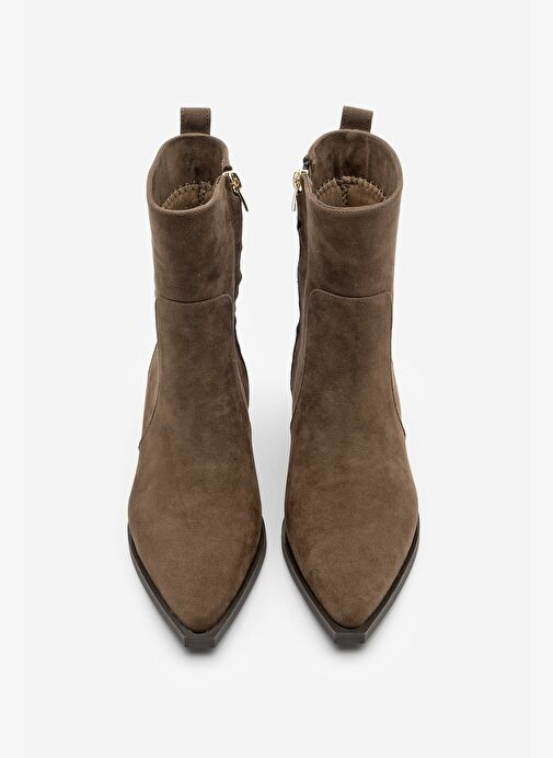 Kadın Sivri Burun Altın Detaylı Topuklu Bot Kenor Kahve Süet - Görsel 6