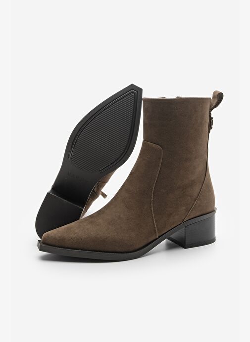 Kadın Sivri Burun Altın Detaylı Topuklu Bot Kenor Kahve Süet - Görsel 7