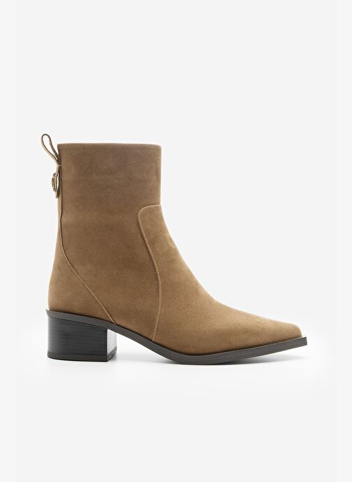 Kadın Sivri Burun Altın Detaylı Topuklu Bot Kenor Taba Süet - Görsel 4