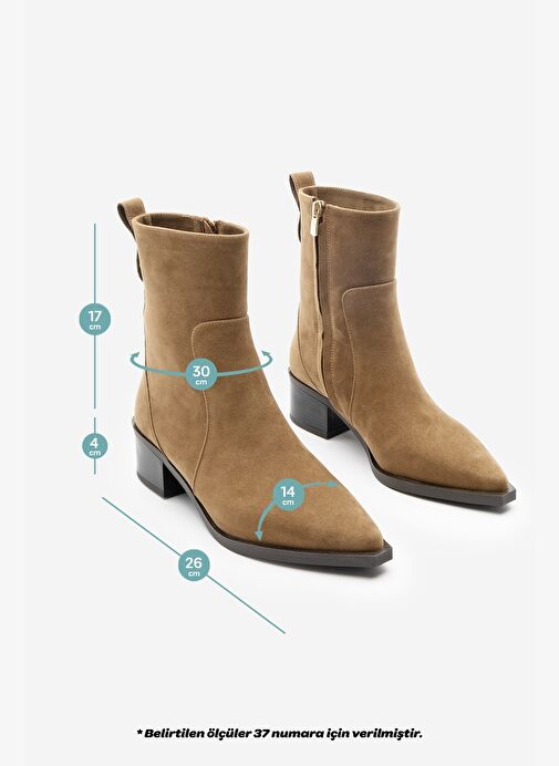 Kadın Sivri Burun Altın Detaylı Topuklu Bot Kenor Taba Süet - Görsel 9