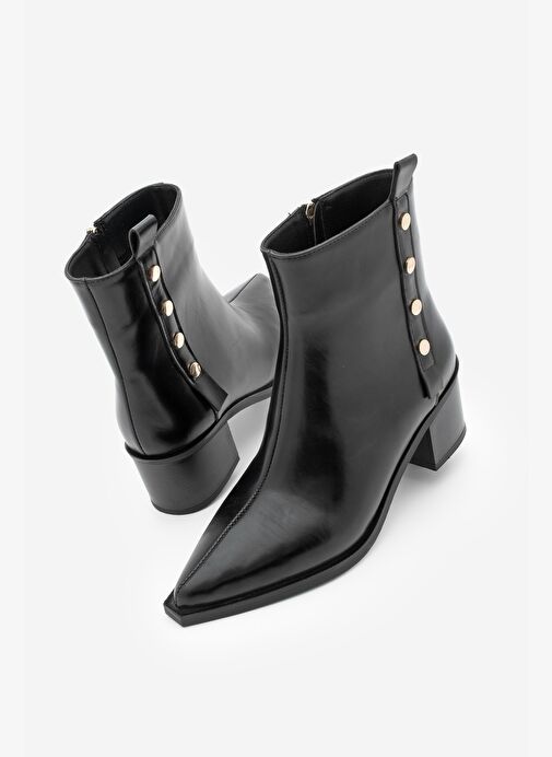 Kadın Sivri Burun Zımba Detaylı Kalın Topuklu Bot Bemoza Siyah - Görsel 2