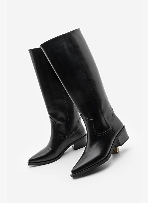 Kadın Sivri Burun Kovboy Fermuarsız Western Çizme Mivez Siyah - Görsel 2