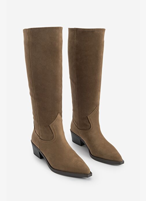 Kadın Sivri Burun Kovboy Fermuarsız Western Çizme Mivez Kahve Süet - Görsel 3