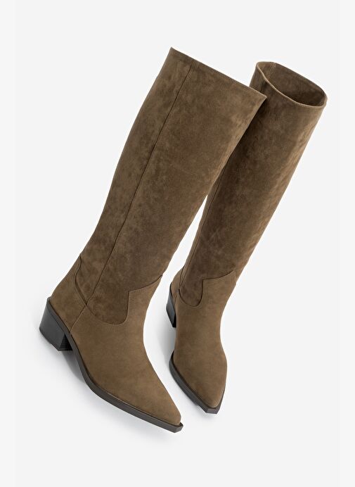 Kadın Sivri Burun Kovboy Fermuarsız Western Çizme Mivez Kahve Süet - Görsel 4