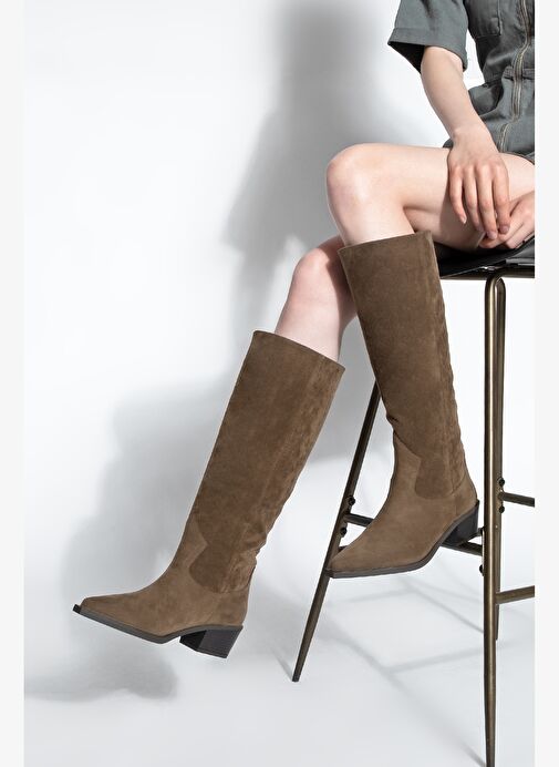 Kadın Sivri Burun Kovboy Fermuarsız Western Çizme Mivez Kahve Süet - Görsel 5