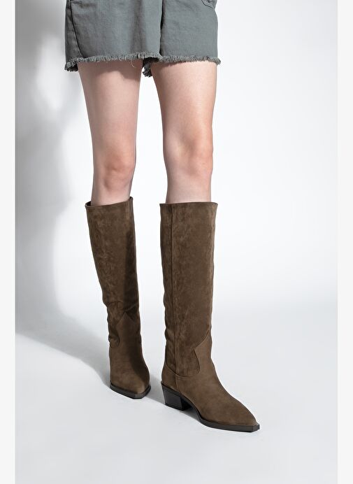 Kadın Sivri Burun Kovboy Fermuarsız Western Çizme Mivez Kahve Süet - Görsel 6