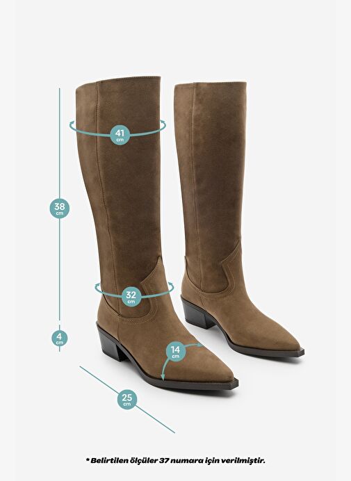 Kadın Sivri Burun Kovboy Fermuarsız Western Çizme Mivez Taba Süet - Görsel 8