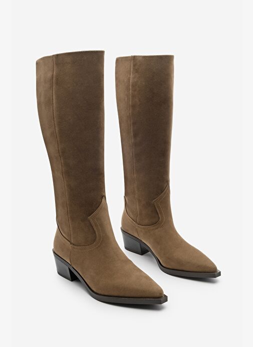 Kadın Sivri Burun Kovboy Fermuarsız Western Çizme Mivez Taba Süet - Görsel 4