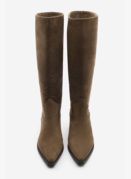 Kadın Sivri Burun Kovboy Fermuarsız Western Çizme Mivez Taba Süet - Görsel 5