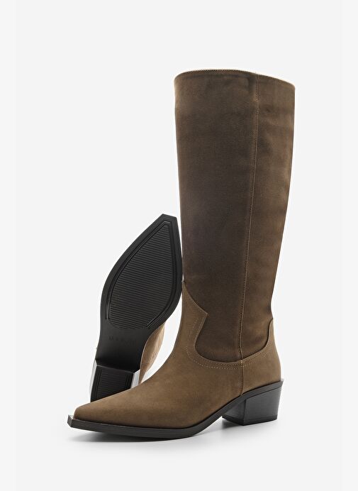 Kadın Sivri Burun Kovboy Fermuarsız Western Çizme Mivez Taba Süet - Görsel 7