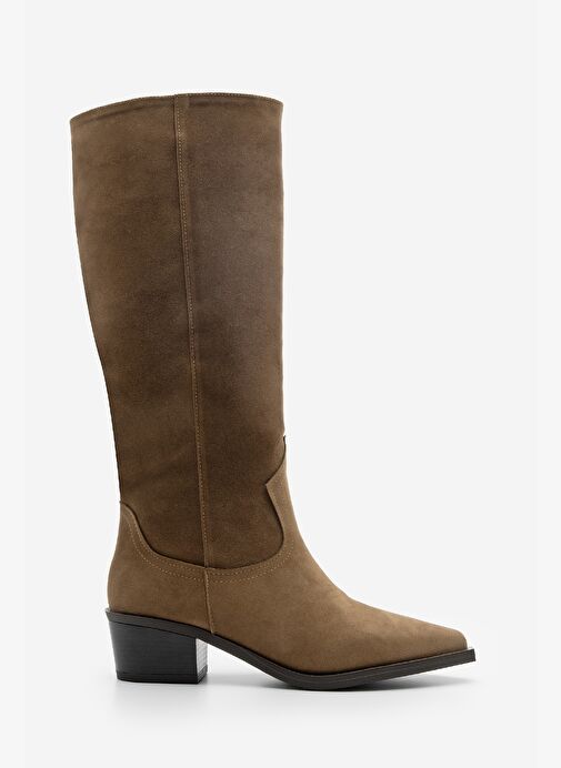 Kadın Sivri Burun Kovboy Fermuarsız Western Çizme Mivez Taba Süet - Görsel 6