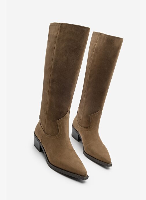 Kadın Sivri Burun Kovboy Fermuarsız Western Çizme Mivez Taba Süet - Görsel 2