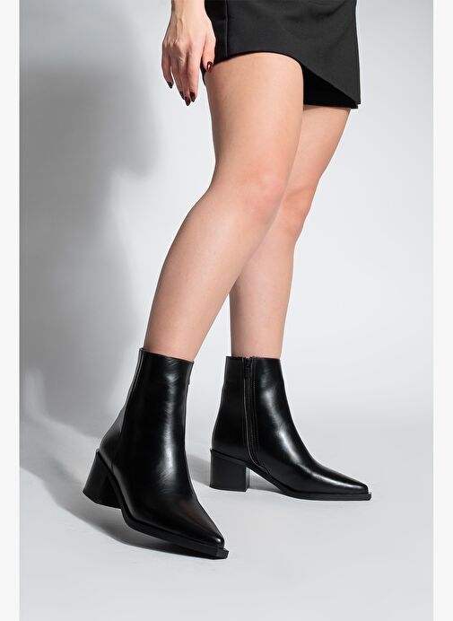 Kadın Sivri Burun Dikiş Detaylı Kalın Topuklu Bot Vorsis Siyah - Görsel 6