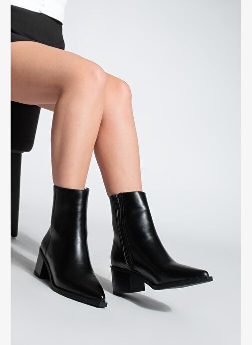 Kadın Sivri Burun Dikiş Detaylı Kalın Topuklu Bot Vorsis Siyah - Görsel 4