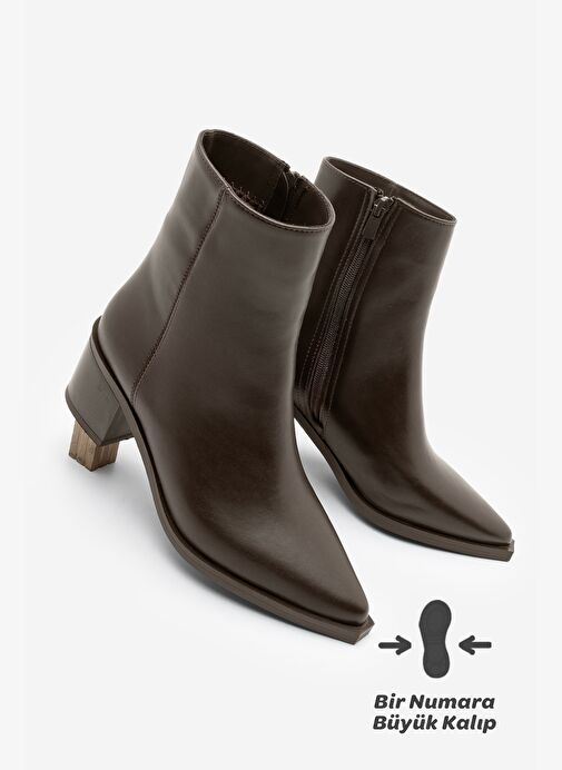 Kadın Sivri Burun Dikiş Detaylı Kalın Topuklu Bot Vorsis Kahve - Görsel 2