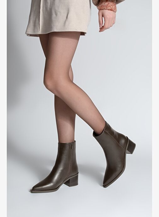 Kadın Sivri Burun Dikiş Detaylı Kalın Topuklu Bot Vorsis Kahve - Görsel 5