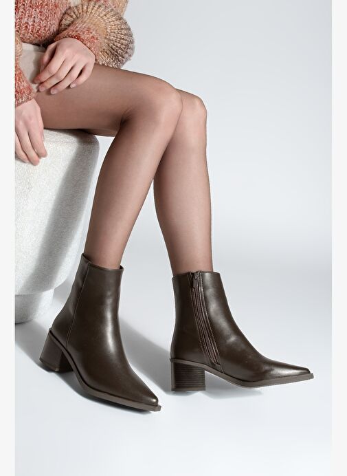 Kadın Sivri Burun Dikiş Detaylı Kalın Topuklu Bot Vorsis Kahve - Görsel 3