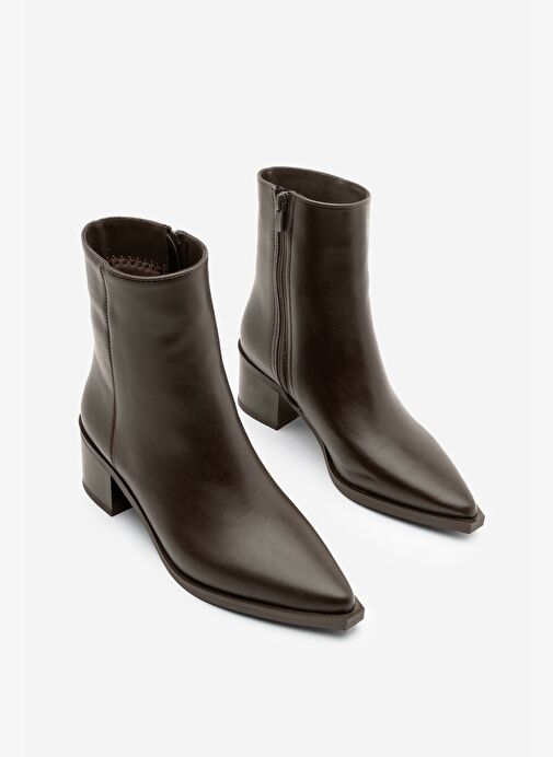 Kadın Sivri Burun Dikiş Detaylı Kalın Topuklu Bot Vorsis Kahve - Görsel 6