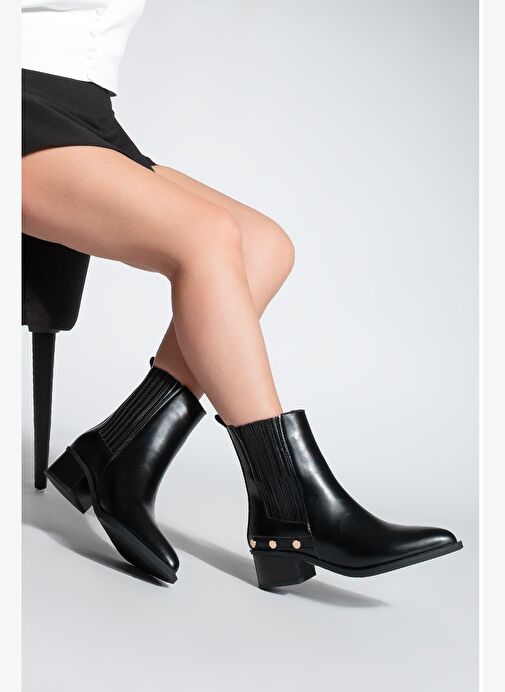 Kadın Sivri Burun Chelsea Çift Lastikli Kovboy Troklu Zımbalı Topuklu Western Bot Alura Siyah - Görsel 7