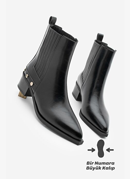 Kadın Sivri Burun Chelsea Çift Lastikli Kovboy Troklu Zımbalı Topuklu Western Bot Alura Siyah - Görsel 2