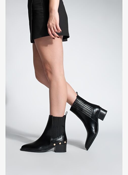 Kadın Sivri Burun Chelsea Çift Lastikli Kovboy Troklu Zımbalı Topuklu Western Bot Alura Siyah - Görsel 5