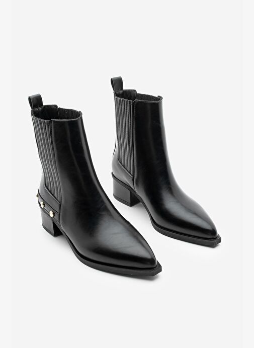 Kadın Sivri Burun Chelsea Çift Lastikli Kovboy Troklu Zımbalı Topuklu Western Bot Alura Siyah - Görsel 8