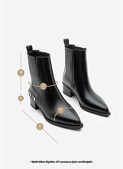 Kadın Sivri Burun Chelsea Çift Lastikli Kovboy Troklu Zımbalı Topuklu Western Bot Alura Siyah - Görsel 4