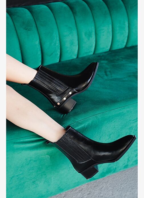 Kadın Sivri Burun Chelsea Çift Lastikli Kovboy Troklu Zımbalı Topuklu Western Bot Alura Siyah - Görsel 3