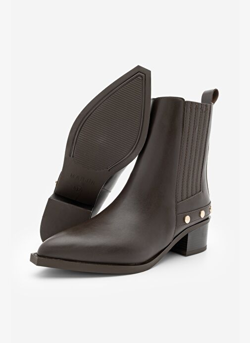 Kadın Sivri Burun Chelsea Çift Lastikli Troklu Zımbalı Topuklu Bot Alura Kahve - Görsel 8