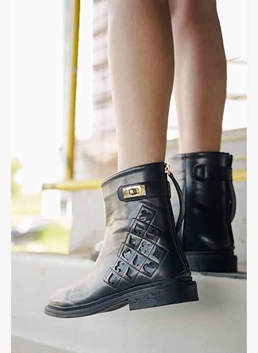 Kadın Tokalı Arkadan Fermuarlı Günlük Bot Himpa Siyah - Görsel 3