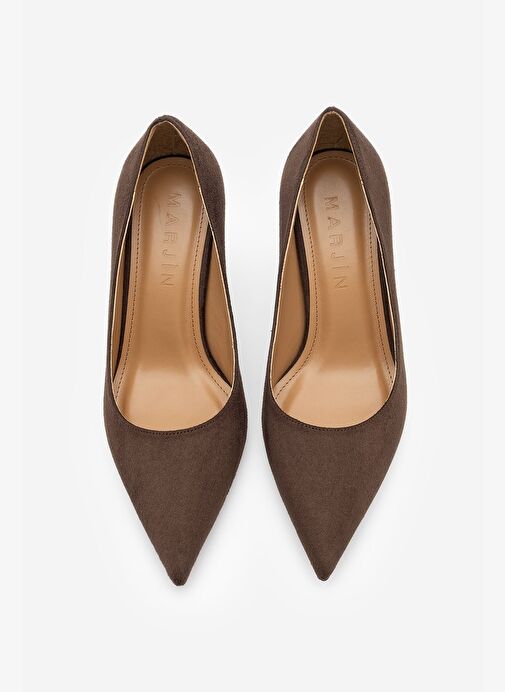 Kadın Stiletto Sivri Burun Ahşap Desenli Ökçe Topuklu Ayakkabı Zonar Kahve Süet - Görsel 5