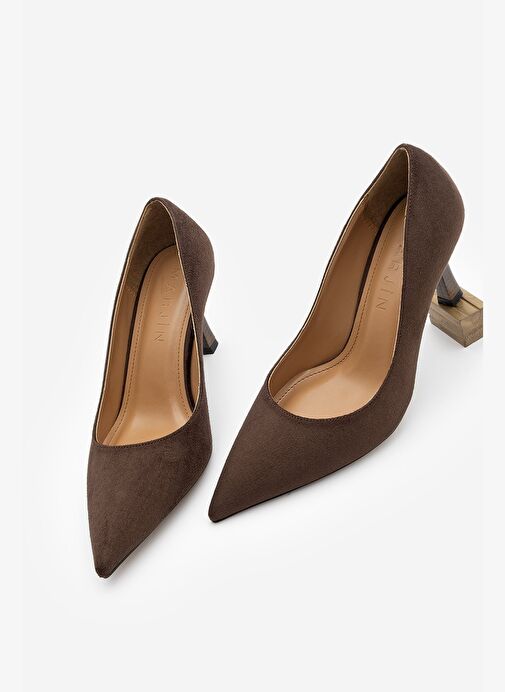 Kadın Stiletto Sivri Burun Ahşap Desenli Ökçe Topuklu Ayakkabı Zonar Kahve Süet - Görsel 2