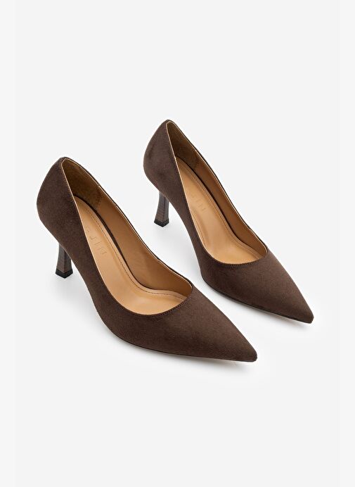 Kadın Stiletto Sivri Burun Ahşap Desenli Ökçe Topuklu Ayakkabı Zonar Kahve Süet - Görsel 4