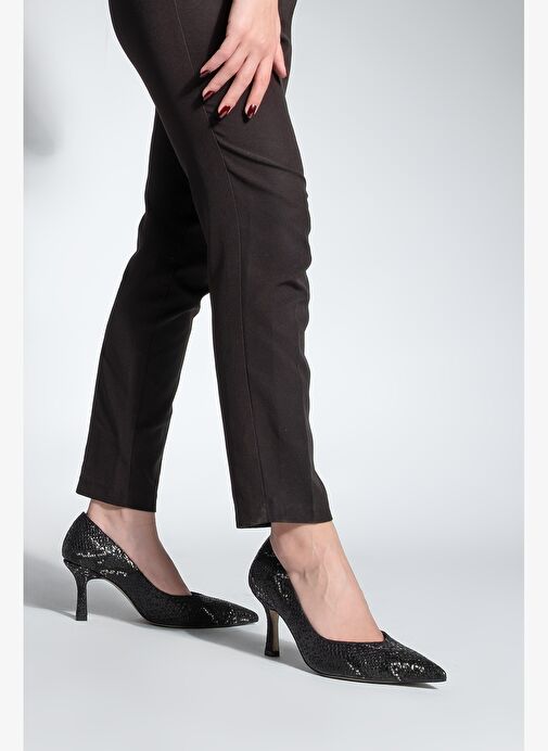 Kadın Stiletto Sivri Burun Yılan Desenli Topuklu Ayakkabı Tosey Siyah Yılan - Görsel 6